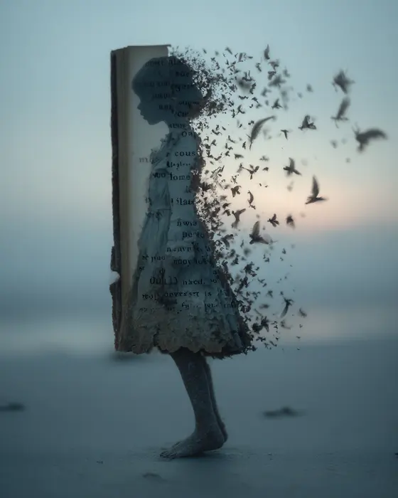 P.S. Crush Me Softly: a girl made of book pages dissolving into a flock of birds on a misty beach
