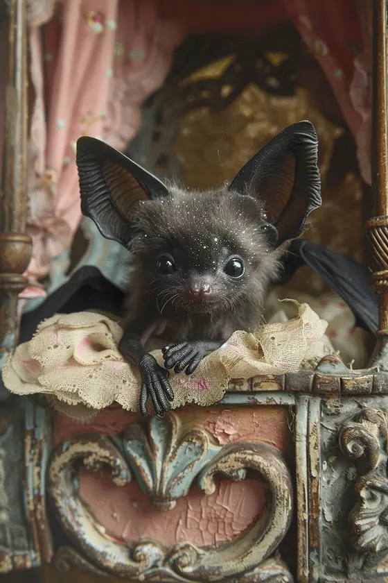 Halloween: a tiny glitter-dusted bat peeking out of an ornate pastel doll bed