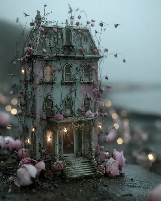 Maison Tristesse: a weathered miniature mansion covered in climbing roses on a foggy shore