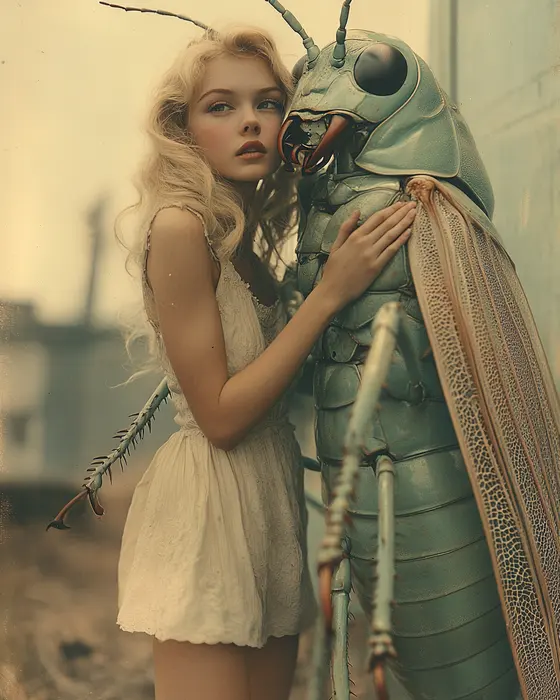 Strange Devotion: a girl embracing a giant pale-green insect in faded vintage colours