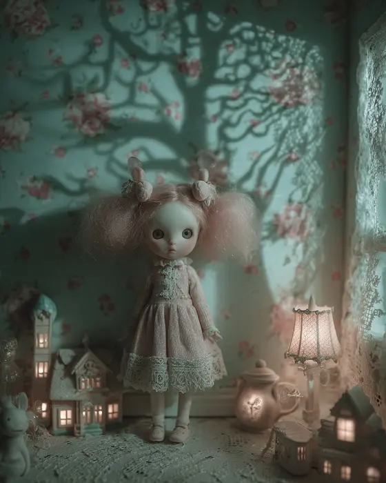 Sugar Plum Shadows: a misty street of pale blue facades, pink blossoms and glowing pink lanterns